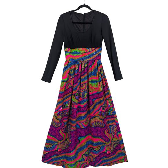 Vintage 1970s High-Waist RHINESTONE MAXI DRESS Neon Bright Hawaiian Crepe Fabric - Picture 1 of 9